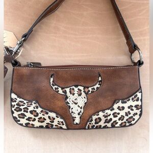 Catchfly Western Aztec Steer Leopard Suede Tassel Brown Wristlet Shoulder Bag